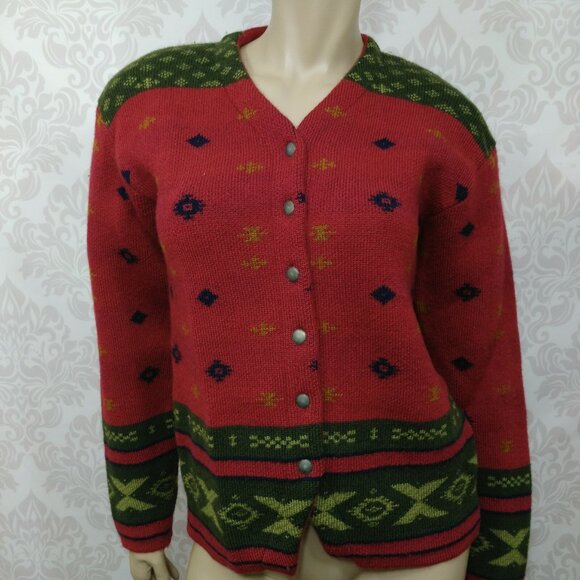 Tristan & Iseut Sweaters - Vintage 90s Aztec Wool Cardigan Sweater Womens M Red Green Button Front